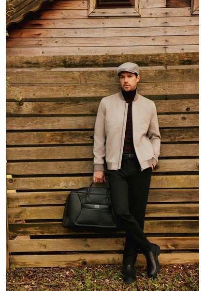 Erkek Açık Gri Bomber Yaka Fermuarlı Süet Mont A32Y6040