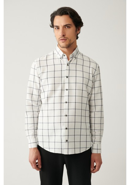 Erkek Beyaz Kolay Ütülenebilir Gofreli Ekose Regular Fit Gömlek A41Y2125