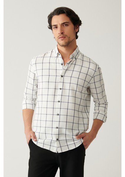 Erkek Beyaz Kolay Ütülenebilir Gofreli Ekose Regular Fit Gömlek A41Y2125 modelleri