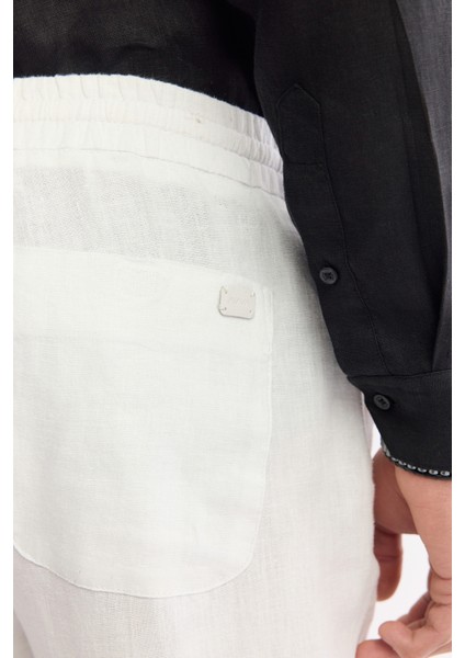 Erkek Beyaz Beli Lastikli %100 Keten Relaxed Fit Pantolon B003032