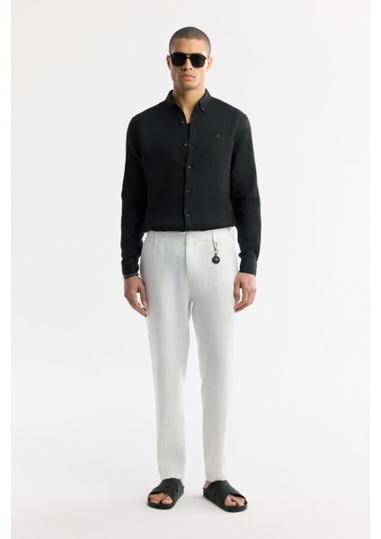 Erkek Beyaz Beli Lastikli %100 Keten Relaxed Fit Pantolon B003032