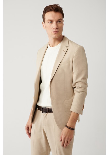 Erkek Bej Yırtmaçlı Astarsız Esnek Kumaş Comfort Slim Fit Comfort Slim Fit Ceket A41Y4000