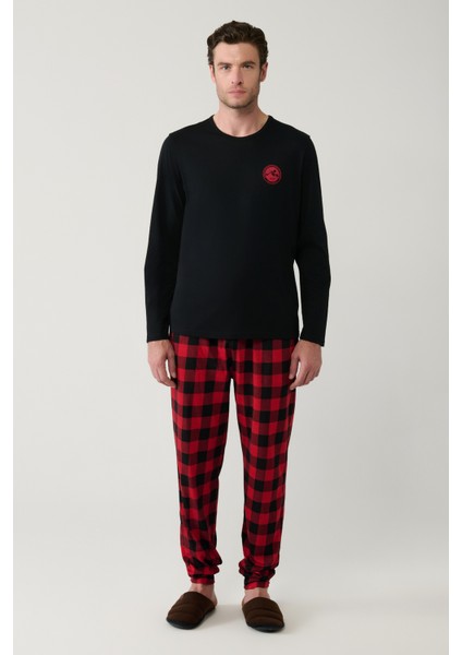 Erkek Siyah Bisiklet Yaka Uzun Kollu Ekoseli Pijama Takımı E003304 fiyatları
