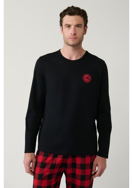 Erkek Siyah Bisiklet Yaka Uzun Kollu Ekoseli Pijama Takımı E003304 modelleri