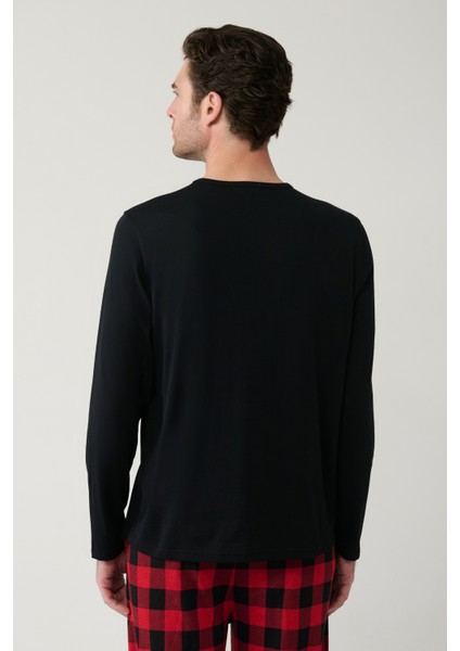 Erkek Siyah Bisiklet Yaka Uzun Kollu Ekoseli Pijama Takımı E003304 indirimleri