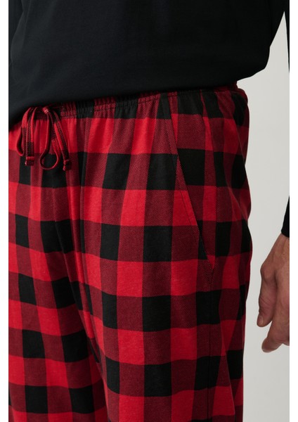 Erkek Siyah Bisiklet Yaka Uzun Kollu Ekoseli Pijama Takımı E003304