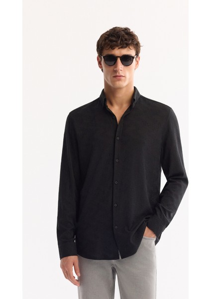 Erkek Siyah Düğmeli Yaka Soft Touch Oversize Regular Fit Gömlek A52Y2033