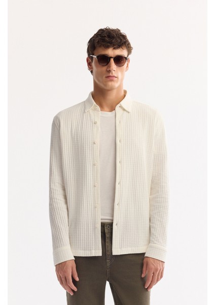 Erkek Beyaz Düğmeli Yaka %100 Pamuk Dokulu Comfort Fit Gömlek A52Y2069