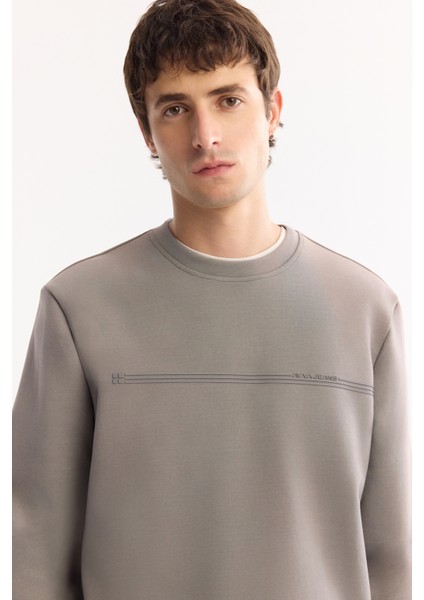 Erkek Gri Bisiklet Yaka Pamuklu Bi-Stretch Baskılı Regular Fit Sweatshirt A52Y1325