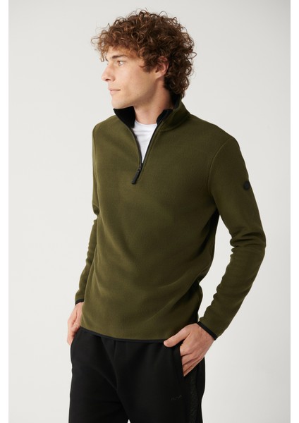 Erkek Haki Soğuğa Dayanıklı Yarım Fermuarlı Dik Yaka Polar Regular Fit Sweatshirt E001068