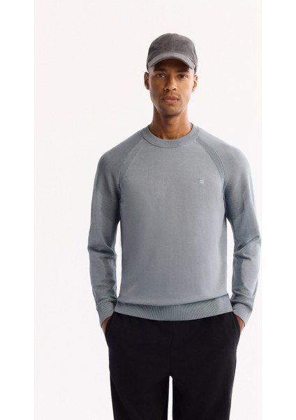 Erkek Mavi Bisiklet Yaka Dokulu Triko Regular Fit Kazak A52Y5083