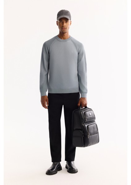 Erkek Mavi Bisiklet Yaka Dokulu Triko Regular Fit Kazak A52Y5083