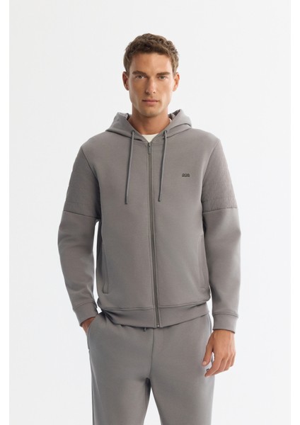 Erkek Gri Kapüşonlu Pamuklu Fermuarlı Elastan Regular Fit Sweatshirt A42Y1264