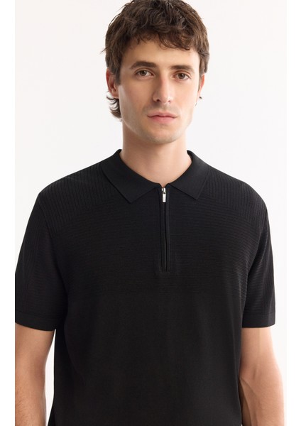 Erkek Siyah Polo Yaka Fermuarlı Rayon Tüylenmeyen Triko Regular Fit T-Shirt A52Y5006 fiyatları