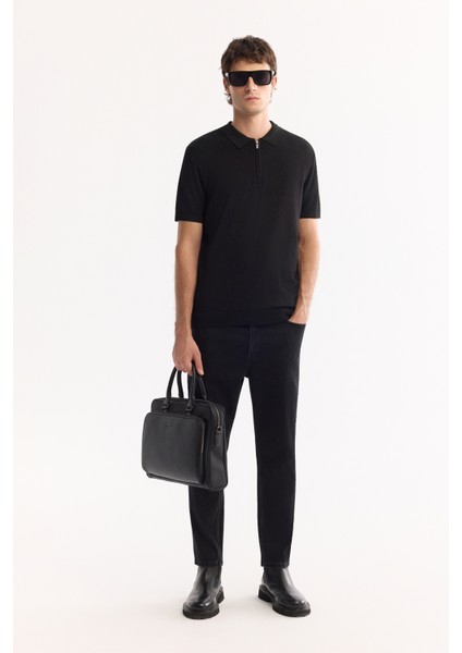 Erkek Siyah Polo Yaka Fermuarlı Rayon Tüylenmeyen Triko Regular Fit T-Shirt A52Y5006