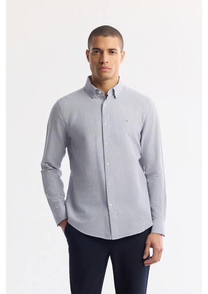 Erkek Lacivert Alttan Britli Yaka Çizgili Gofreli Comfort Fit Gömlek A51Y2028