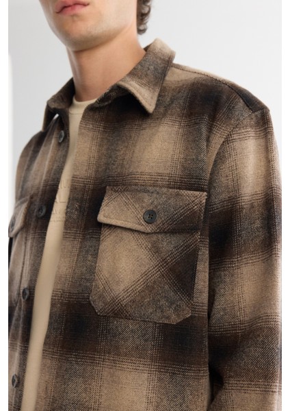 Erkek Kahve Klasik Yaka Ekoseli Yün Karışımlı Comfort Fit Gömlek Ceket A42Y2116 fiyatları