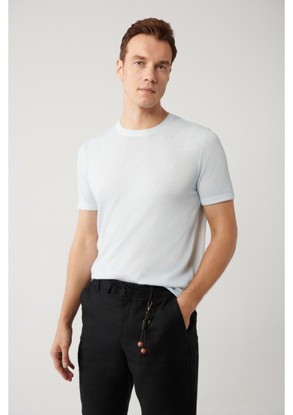 Erkek Açık Mavi Bisiklet Yaka Triko Regular Fit T-Shirt A41Y5074