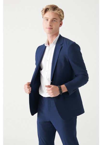 Erkek Lacivert Gofre Dokulu Astarsız Çıft Yırtmaçlı Ceket A31Y4012