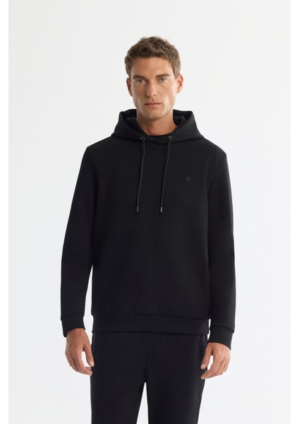 Erkek Siyah Kapüşonlu Esnek Yumuşak Doku İnterlok Kumaş Basic Regular Fit Sweatshirt B001101