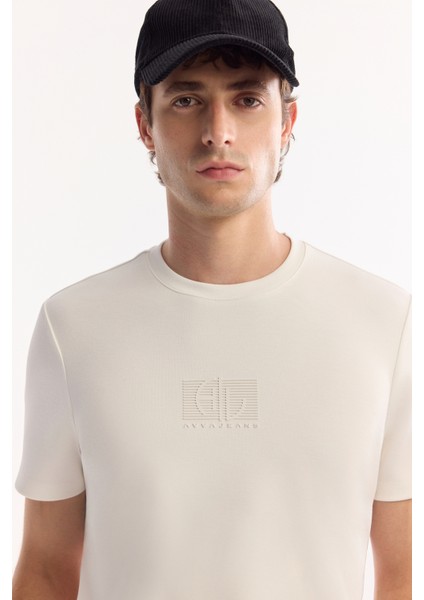 Erkek Ekru Bisiklet Yaka Viskon Karışımlı Bi-Stretch Baskılı Regular Fit T-Shirt A52Y1020