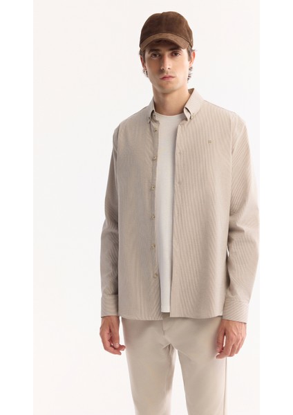 Erkek Bej Düğmeli Yaka Bi-Stretch Kolay Ütülenen Çizgili Slim Fit Gömlek A52Y2098 indirimleri