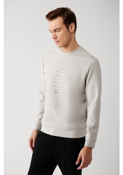 Erkek Gri İnterlok Kumaş Bisiklet Yaka Baskılı Sweatshirt A32Y1383