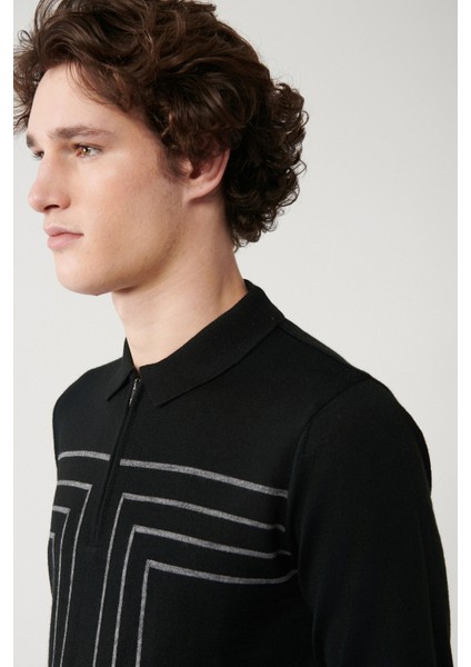 Erkek Siyah Polo Fermuarlı Yaka Çizgi Detaylı Kazak A32Y5094 fiyatları
