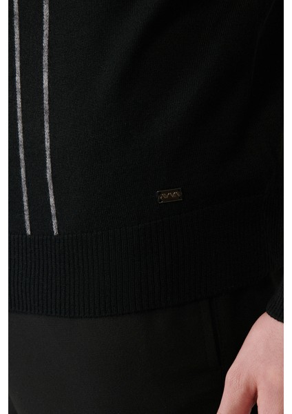 Erkek Siyah Polo Fermuarlı Yaka Çizgi Detaylı Kazak A32Y5094 modelleri