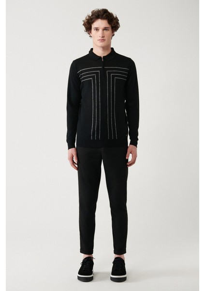 Erkek Siyah Polo Fermuarlı Yaka Çizgi Detaylı Kazak A32Y5094