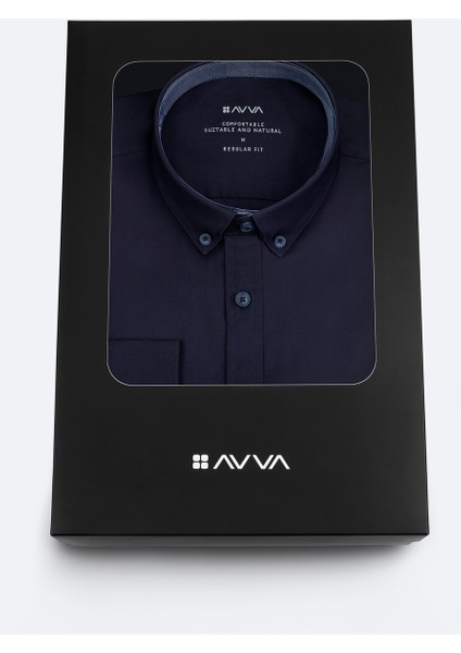 Erkek Lacivert Düğmeli Yaka Hediye Kutulu %100 Pamuk Basic Regular Fit Gömlek B002034