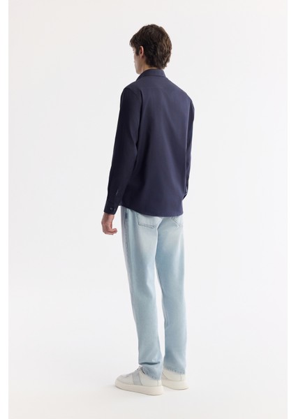 Erkek Lacivert Düğmeli Yaka Hediye Kutulu %100 Pamuk Basic Regular Fit Gömlek B002034