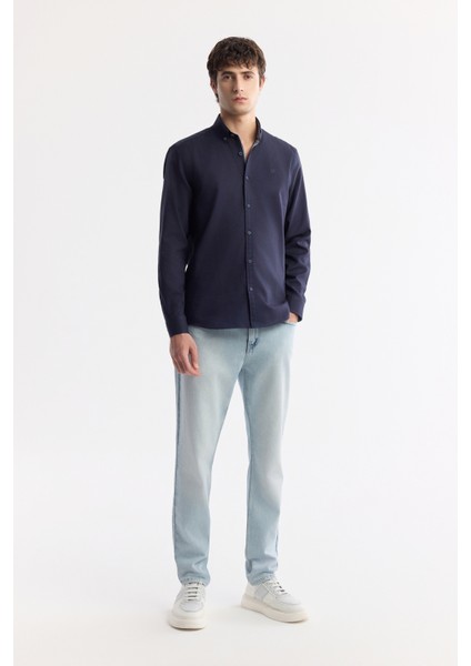 Erkek Lacivert Düğmeli Yaka Hediye Kutulu %100 Pamuk Basic Regular Fit Gömlek B002034