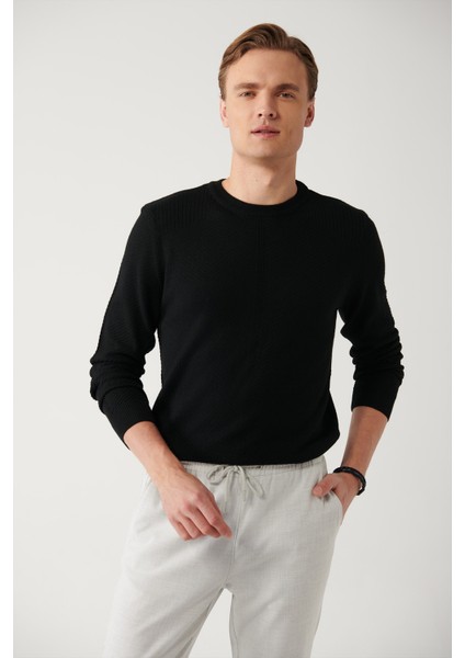 Erkek Siyah Bisiklet Yaka Desenli Kazak A32Y5188