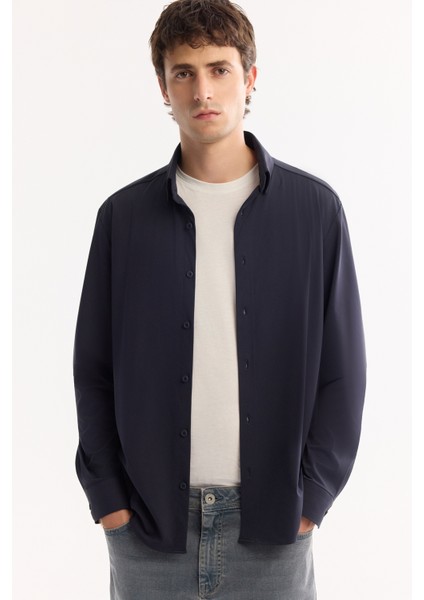 Erkek Lacivert Düğmeli Yaka Hızlı Kuruyan Non-Iron Regular Fit Gömlek A52Y2107 fiyatları
