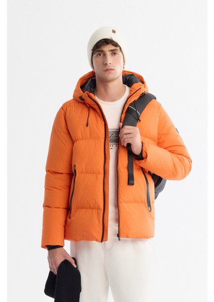 Erkek Turuncu Kapüşonlu Su İtici Rüzgar Geçirmez -5°C Dayanıklı Şişme Comfort Fit Mont B006046