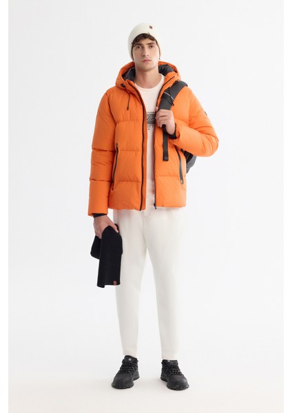 Erkek Turuncu Kapüşonlu Su İtici Rüzgar Geçirmez -5°C Dayanıklı Şişme Comfort Fit Mont B006046
