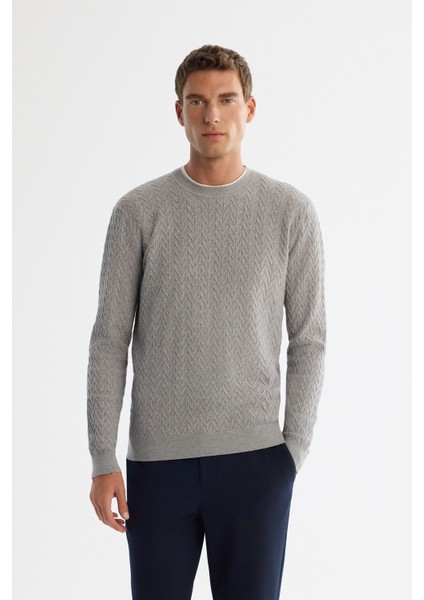 Erkek Gri Bisiklet Yaka Jakarlı Soft Touch Triko Regular Fit Kazak A42Y5145