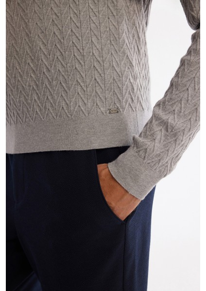 Erkek Gri Bisiklet Yaka Jakarlı Soft Touch Triko Regular Fit Kazak A42Y5145 modelleri