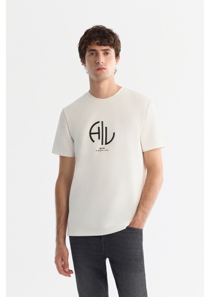 Erkek Ekru Bisiklet Yaka Elastan İnterlok Regular Fit T-Shirt A42Y1001