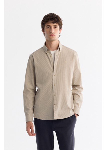 Erkek Bej Düğmeli Yaka Kolay Ütülenir Çizgili Slim Fit Gömlek A42Y2098