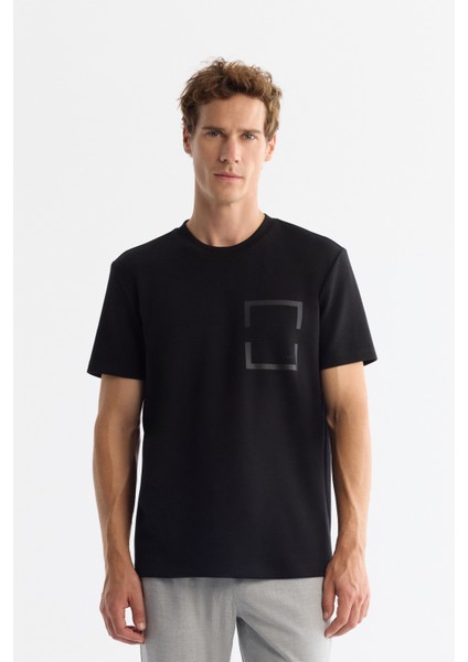 Erkek Siyah Bisiklet Yaka Baskılı Elastan Regular Fit T-Shirt A42Y1020