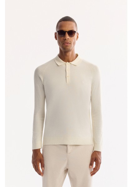 Erkek Ekru Polo Yaka Düğmeli Soft Touch Dokulu Triko Regular Fit Kazak A52Y5030