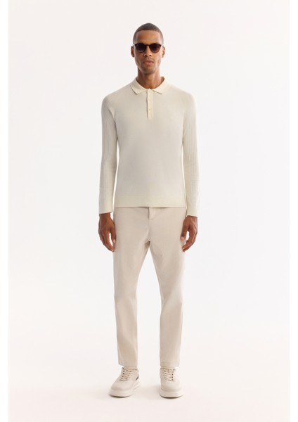 Erkek Ekru Polo Yaka Düğmeli Soft Touch Dokulu Triko Regular Fit Kazak A52Y5030