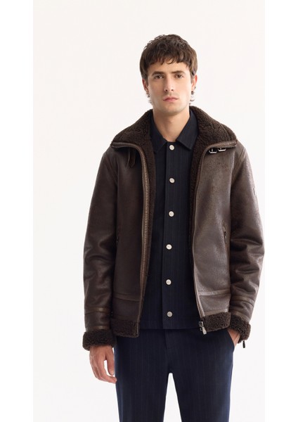 Erkek Kahve Kürklü Yaka Deri Görünümlü Napa Comfort Fit Mont A52Y6060