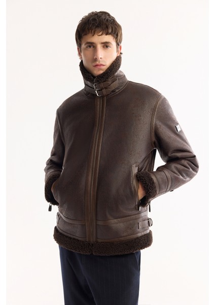 Erkek Kahve Kürklü Yaka Deri Görünümlü Napa Comfort Fit Mont A52Y6060 fiyatları
