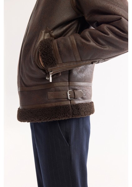 Erkek Kahve Kürklü Yaka Deri Görünümlü Napa Comfort Fit Mont A52Y6060