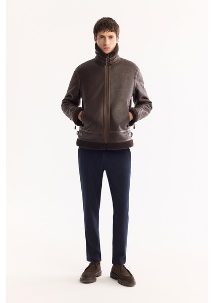 Erkek Kahve Kürklü Yaka Deri Görünümlü Napa Comfort Fit Mont A52Y6060