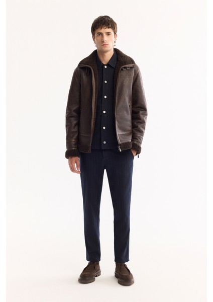 Erkek Kahve Kürklü Yaka Deri Görünümlü Napa Comfort Fit Mont A52Y6060