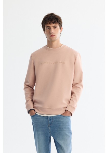 Erkek Pembe Bisiklet Yaka Pamuklu Baskılı Elastan Regular Fit Sweatshirt A42Y1221